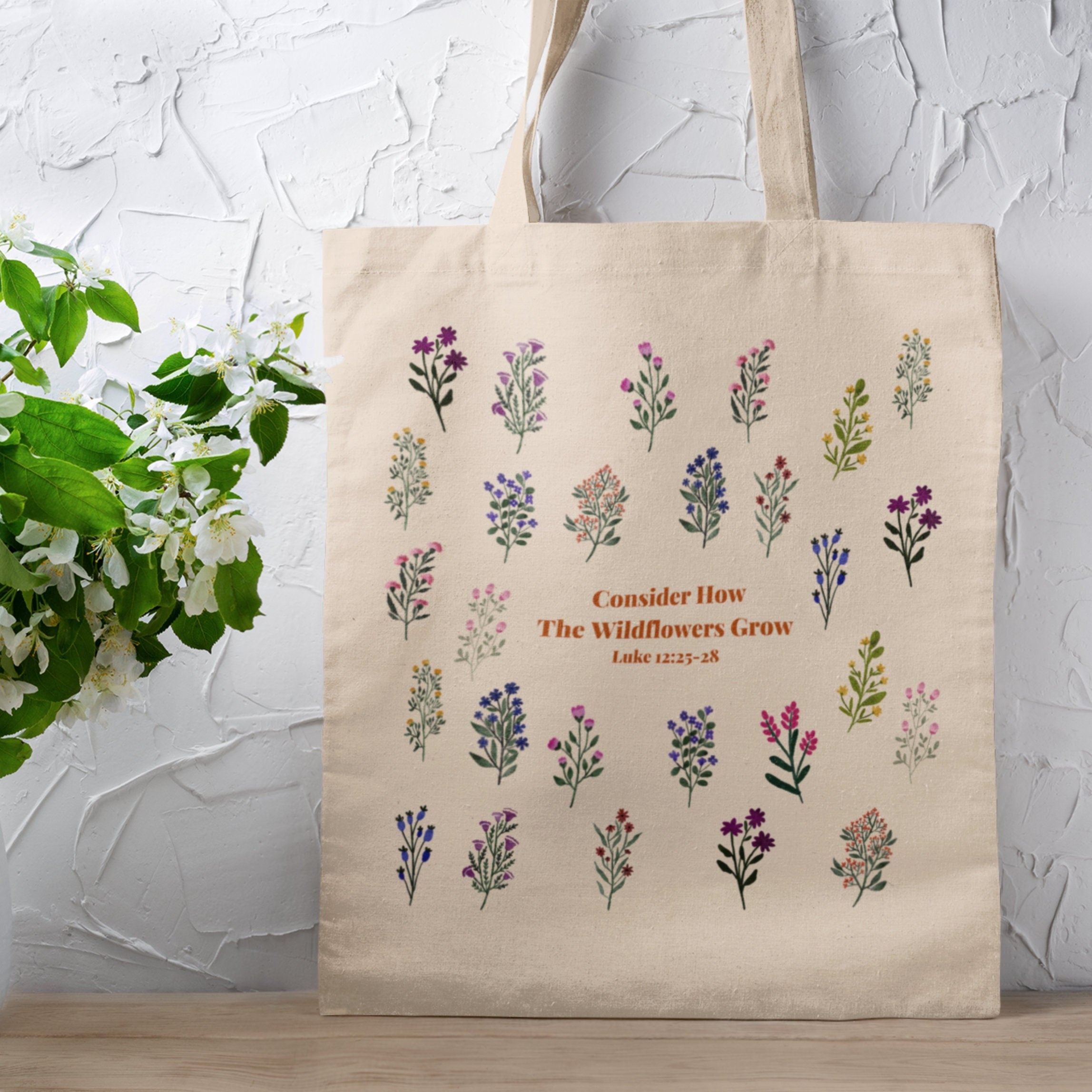 Luke 12:25-28 Bible Verse Tote Bag – Christian Canvas Tote – Aesthetic Faith-Based Bag – Cute Religious Gift – Basic Shopping Bag – Inspirational Christian Accessory TBLAF11